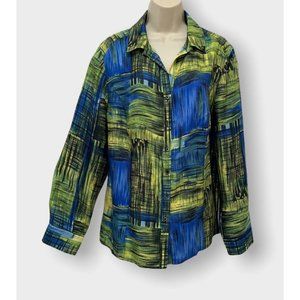 Jones New York 14W 100% Silk Shirt Top Blouse Abstract Blue Yellow Black